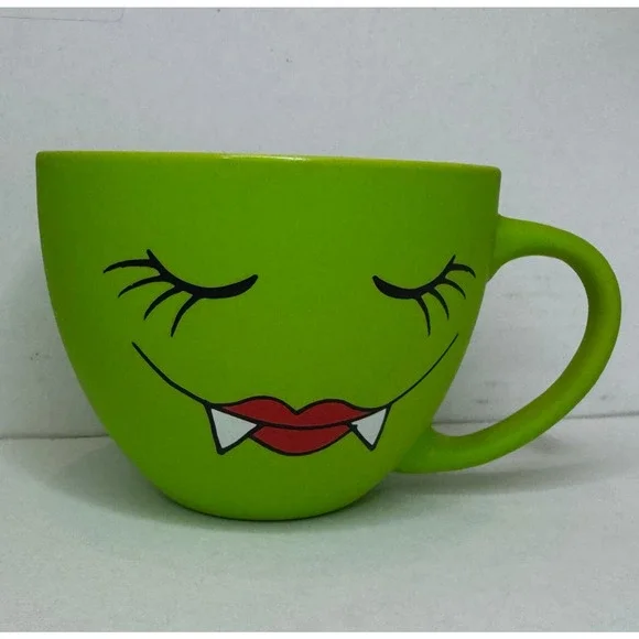 Cobwebs & Cauldrons Green Vampire Face Mug Halloween Cup Fangs Lips Ceramic 4.5” - Picture 2 of 11